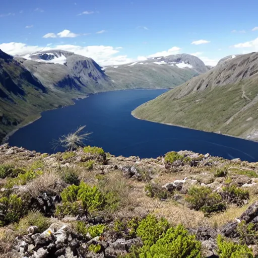 Prompt: a fjord in a xeric shrubland.