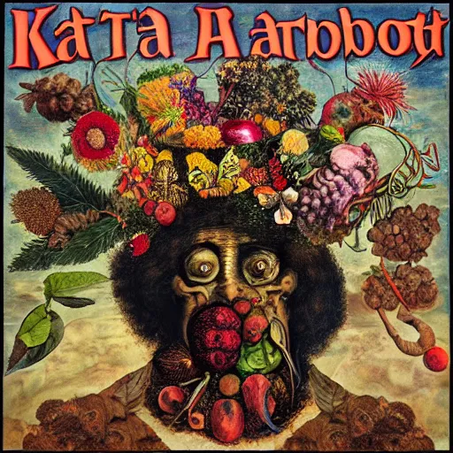 Image similar to katzkab album cover, psychedelic, giuseppe arcimboldo