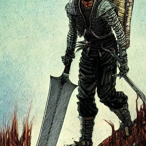 Image similar to a beautiful detailed painting of guts the black swordsman wielding his giant great sword while walking down an old dirt road by moebius, colored manga art