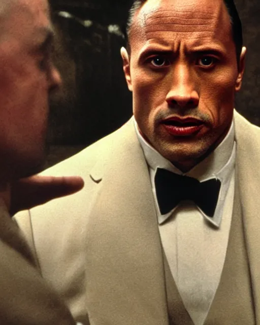 Image similar to film still close up shot of dwayne johnson as vito corleone from the movie the godfather. photographic, photography