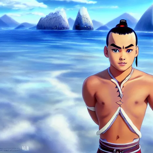 Image similar to beautiful serene intricate photograph of sokka from the water tribe as an inuit young man, dark hair, light blue eyes, smiling softly, relaxing on the beach, golden hour, soft focus, 8 k, art by irakli nadar, hyperrealism, hyperdetailed, ultra realistic