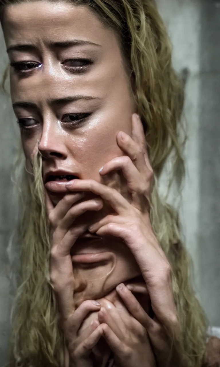 Prompt: amber heard crying hard alone inside a prison, ultra realistic, 8 k, portrait photography