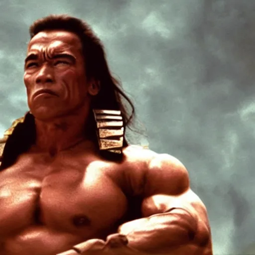 Image similar to an film still of arnold schwarzenegger as samurai, cinematic, dramatic action