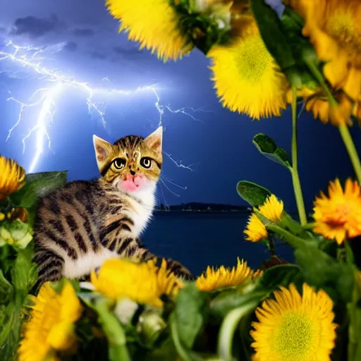 Prompt: dramatic lightning, photo 1 5 mm, wide, flower and kittens in the sea