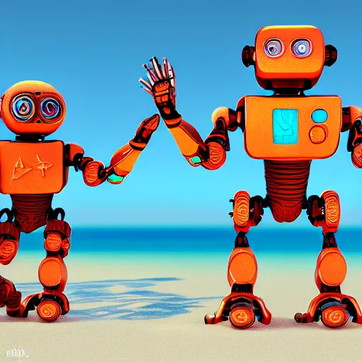 Image similar to two robots at the beach, intricate, elegant, highly detailed, 3 d render, cinema 4 d, artstation, concept art, smooth, sharp focus