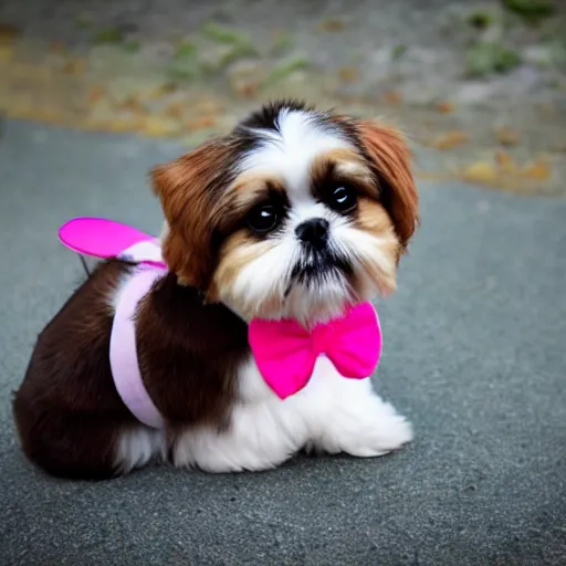 Image similar to shih tzu, brown and white, wearing a pink bow, life photography