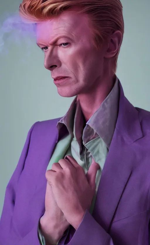 Image similar to a realistic photo of blond David Bowie in purple jacket and light green shirt, studio photography , dark grey background, softly backlit, gentle smoke effect, photo courtesy Museum of art