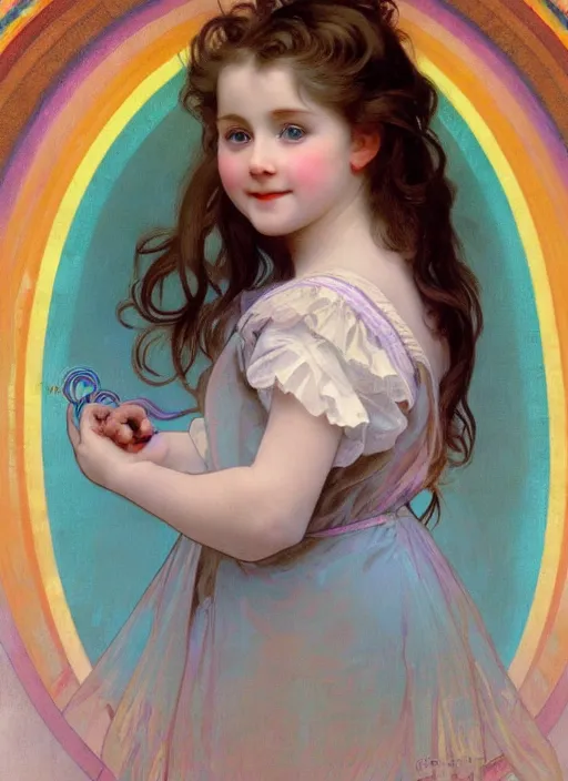 Image similar to a cute little girl with a round cherubic face, blue eyes, and short wavy light brown hair smiles as rainbow colors swirl all around her, chromatic light, rainbow shift. she is wearing a turquoise dress. beautiful painting with highly detailed face by alphonse mucha and artgerm and greg rutkowski