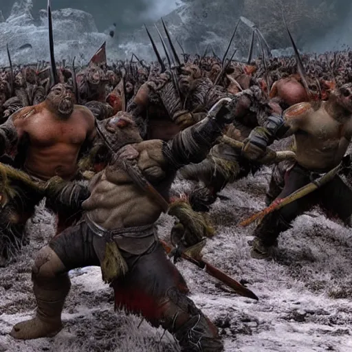 Image similar to an army of orcs on a battlefield, extremely realistic movie scene