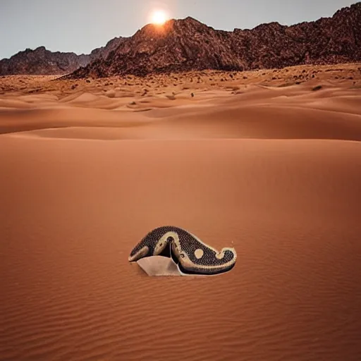 Prompt: 🐋 as 🐼 as 🦕 as 👽, desert photography by shunji dodo