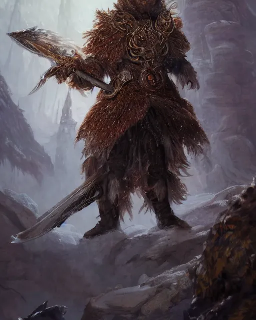 Prompt: oil painting of Anthropomorphized magical Wolf Hunter wearing intricate fur armor, sharp focus, holding magical fiery Sword, Hat, magical aura, heroic pose, fantasy style, octane render, volumetric lighting, 8k high definition, by greg rutkowski, highly detailed, trending on art Station, magic the gathering artwork, magical Battlefield backround, centered