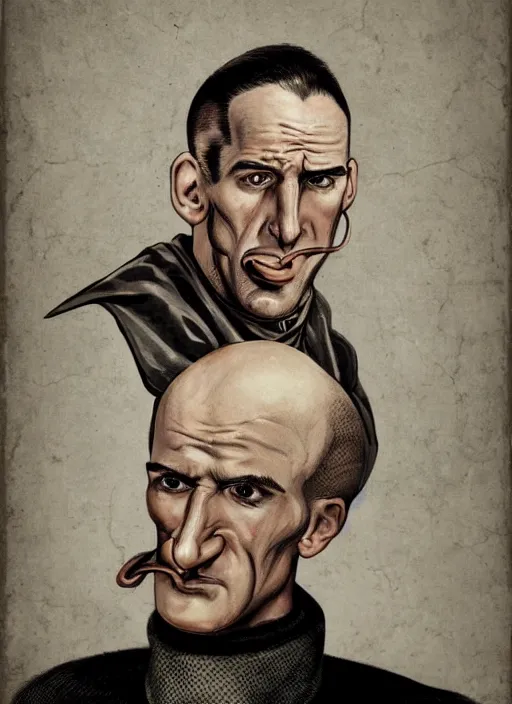 Image similar to portrait of glamorous bald medieval man with big nose and annoyed gesture,look of hate, threatening pose, 1940s propaganda poster, full hd,highly detailed