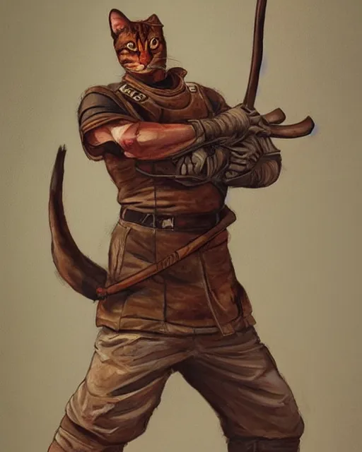 Prompt: a oil / watercolor painting full body character portrait of an humanoid cat martial artist / mercenary in the style of moebius in the style of leonard boyarsky trending on artstation deviantart pinterest detailed photorealistic highlights and shadow hd 8 k post - processing high resolution