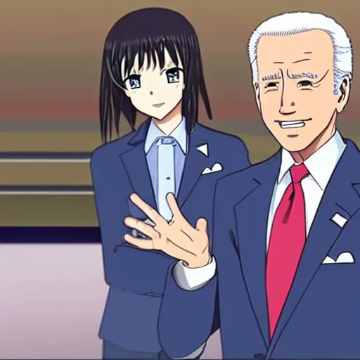 Image similar to key anime visual of joe biden and Saiki Kusuo; official media