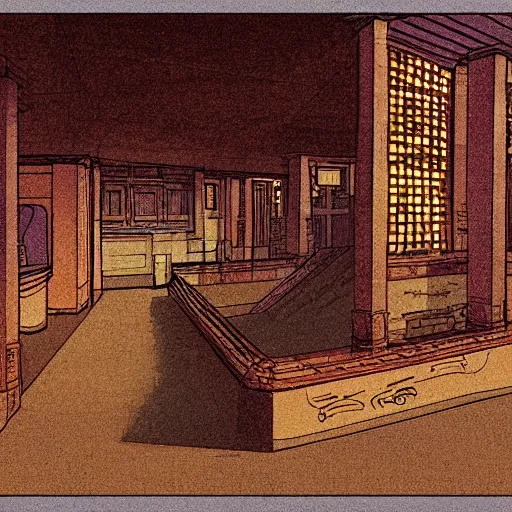 Prompt: an illustration of a brown basement by moebius