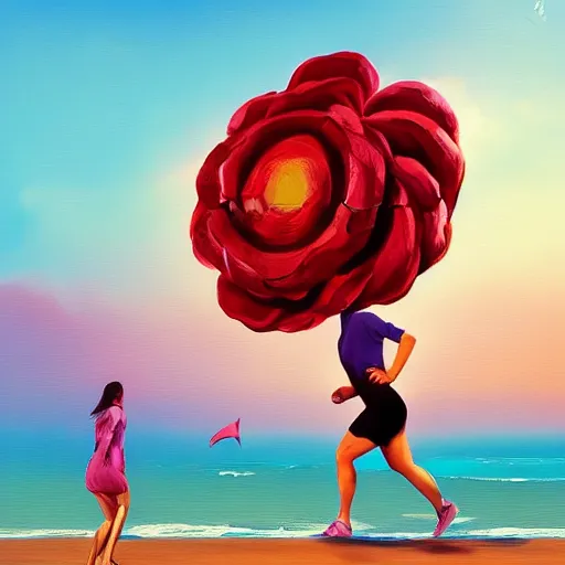 Image similar to portrait, giant rose flower head, woman running at the beach, surreal photography, sunrise, blue sky, dramatic light, impressionist painting, digital painting, artstation, simon stalenhag