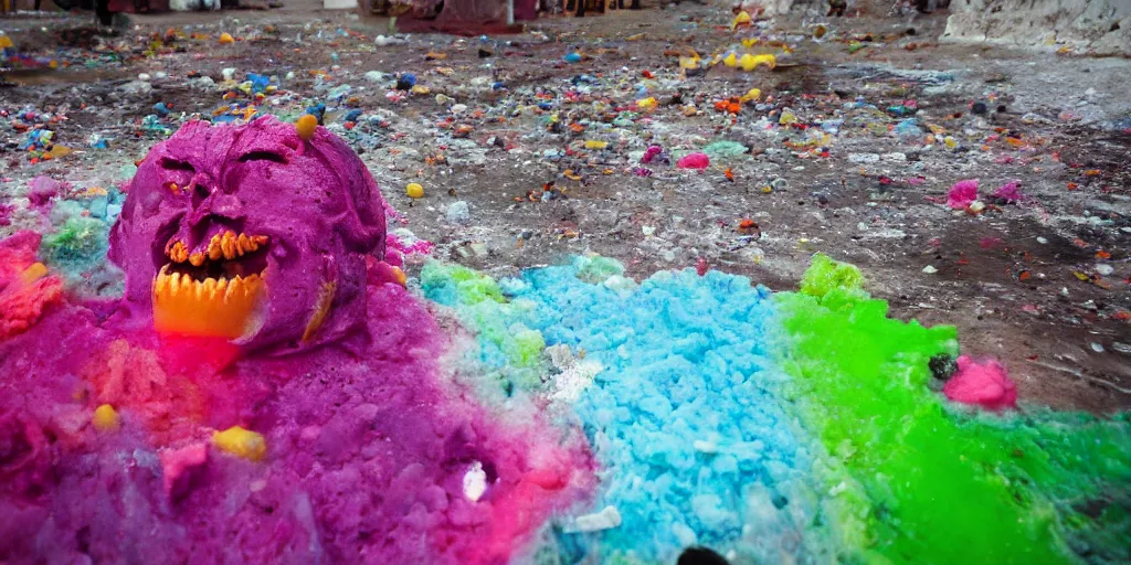 Image similar to close - up action shot of a huge messy colorful puddle of runny rainbow sherbet on the floor of a abandoned ice cream parlor comes to life, the sherbet raises to stand in the shape of a evil clown with sharp scary fangs attacking. a legion of giant evil gummy bares are behind.