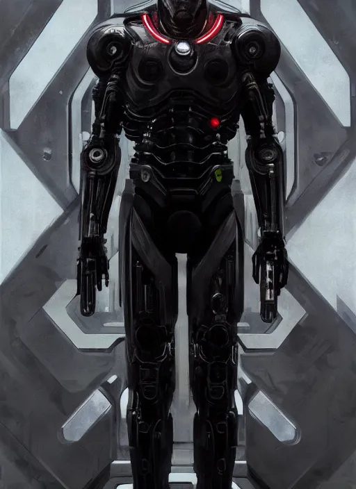 Image similar to keanu reeves as victor stone, full body concept, cyborg, borg, strogg, face of a man, terminator, flesh, quake strogg, doom demon, wolfenstein, monstrous, powerful, symmetry, symmetrical, concept art by ruan jia and greg rutkowski