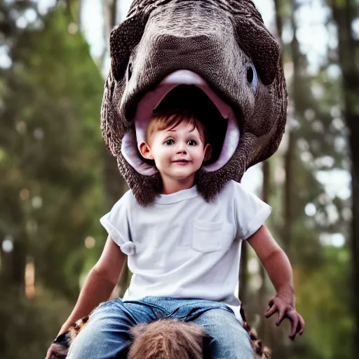 Image similar to young boy riding a cute little dinosaur with long fur, portrait, pixar style, forest background, cinematic lighting, award winning creature portrait photography