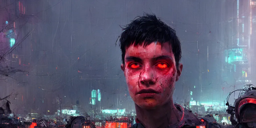 Image similar to extreme closeup on the eyes of a neon guard boy with short dark hair cyberpunk futuristic, in front of a dystopian crowd with piles of garbage by Ismail inceoglu dragan bibin hans thoma, Perfect face, fine details, realistic shaded, fine-face, pretty face