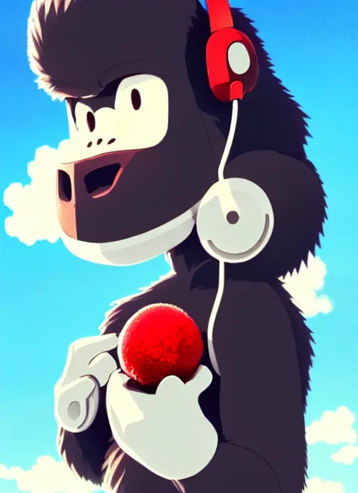 Prompt: wholesome cartoon anime gorilla holding a very small red mushroom, chilled out smirk on face, sunny sky background, lush landscape, illustration concept art anime key visual trending pixiv fanbox by wlop and greg rutkowski and makoto shinkai and studio ghibli and kyoto animation, symmetrical facial features, red headphones on head