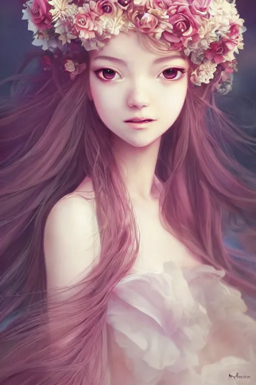 Image similar to romantic and fashion and love princess of the flower with sheath dress, 8 k realistic, teenager girl, baroque, symmetrical, flowing hair, smile, trending pinterest and pixiv, muted colors, hyperrealistic, l close up shot, character concept art, face by kyoung hwan kim, alexandra fomina, ilya kuvshinov