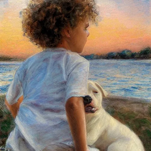 Image similar to girl with curly blonde hair sits next to her white pitbull, sitting on a riverbank watching the sunset, painting by marc fishman