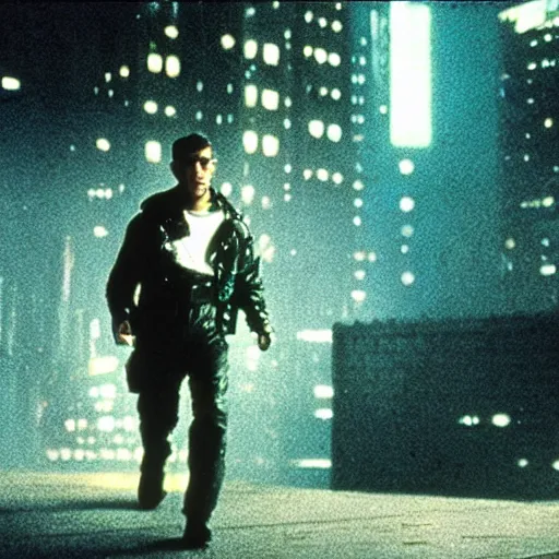 Image similar to film still blade runner Officer Deckard wearing techwear