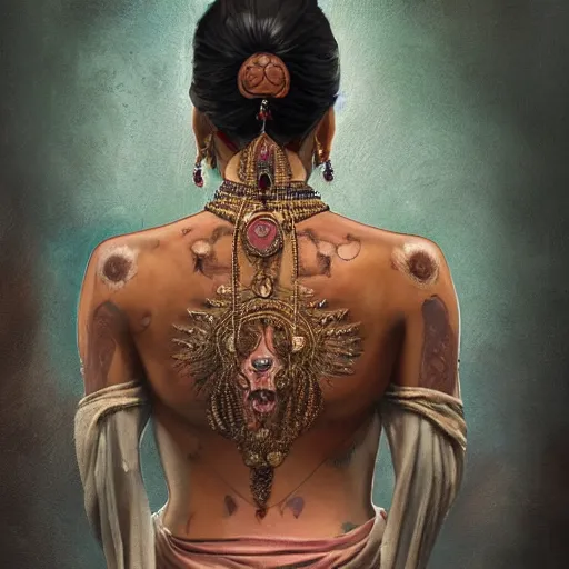 Prompt: portrait painting of a muscular bloodied indian woman lower back, tattooed, wearing sari, jewellery, ultra realistic, concept art, intricate details, eerie, highly detailed, photorealistic, octane render, 8 k, unreal engine. art by artgerm and greg rutkowski and alphonse mucha