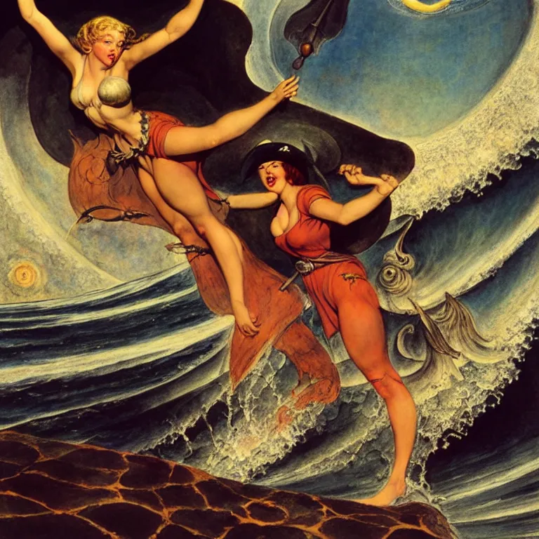 Prompt: a pirate witch summoning a giant wave by william blake and art frahm and earl moran and fritz willis and gil elvgren, detailed, photorealism
