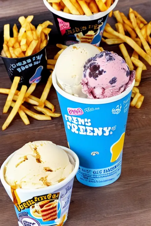 Prompt: french fries flavoured ben and jerry's ice cream, ice cream with pieces of french fries