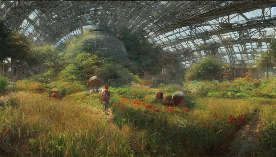 Image similar to craig mullins and ghibli digital illustration of the interior of the largest biodome in the world, fields of crops, farms, colorful, unreal engine, hyper realism, realistic shading, cinematic composition, realistic render, octane render, detailed textures, photorealistic, wide shot,