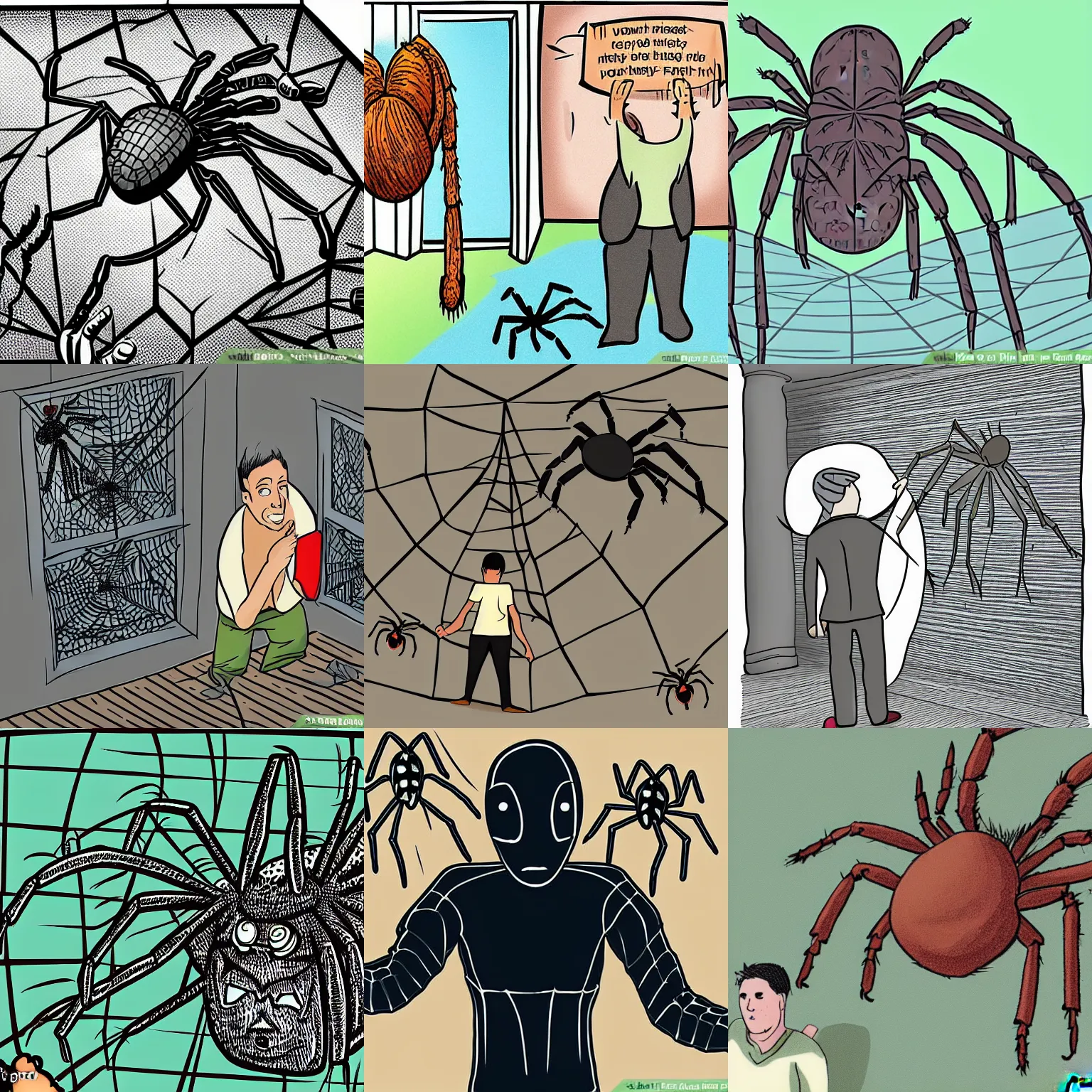 Prompt: a scared man backing away from a giant spider. view from above. wikihow illustration.