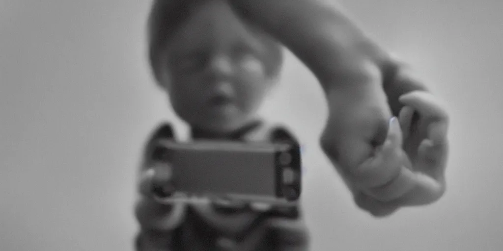 Image similar to cinematic, concept art, hyper realistic, symbolism, Orwellian Smart Phones held in the hand of a child by Scott M Fischer, misty, depth of field, 8k, 35mm film grain, album cover