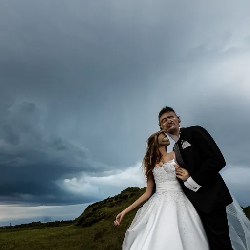 Image similar to a tornado in a wedding dress marrying a volcano in a wedding dress, professional wedding photography, 8 k photo