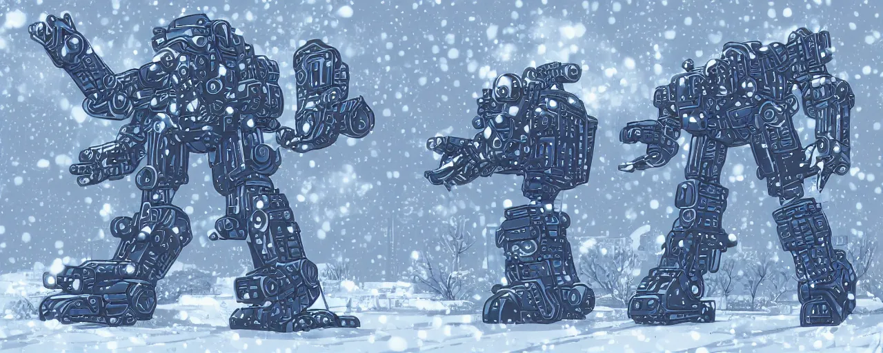 Image similar to cell shaded retro cybernetic symbiosis of a cybernetic mech covered in snow