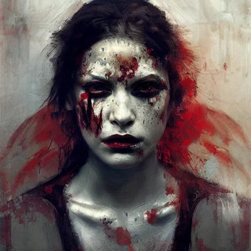 Prompt: portrait of the death angel, beautiful female face, angelic, dark, blood, by jeremy mann, by lucian freud, god rays, warrior face painting red, wings