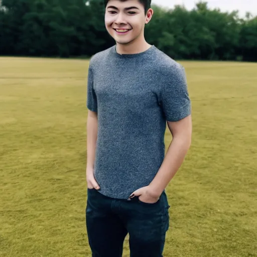 Prompt: young guy standing on a field, smiling into the camera.