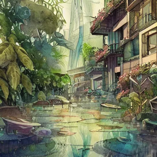 Image similar to Beautiful happy picturesque charming sci-fi city in harmony with nature. Beautiful light. Water and plants. Nice colour scheme, soft warm colour. Beautiful detailed watercolor by Lurid. (2022)