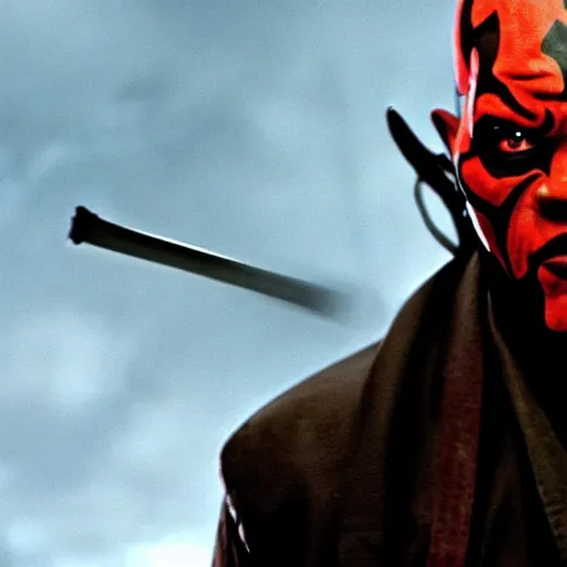 Image similar to a film still of samuel l. jackson starring in a blockbuster film as darth maul from star wars, shallow depth of field, cinematic, award winning cgi, vfx, film still