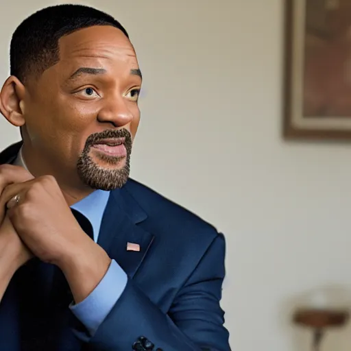 Image similar to a cinematic film still of Will Smith starring as Barack Obama, portrait, 40mm lens, shallow depth of field, close up, split lighting, cinematic