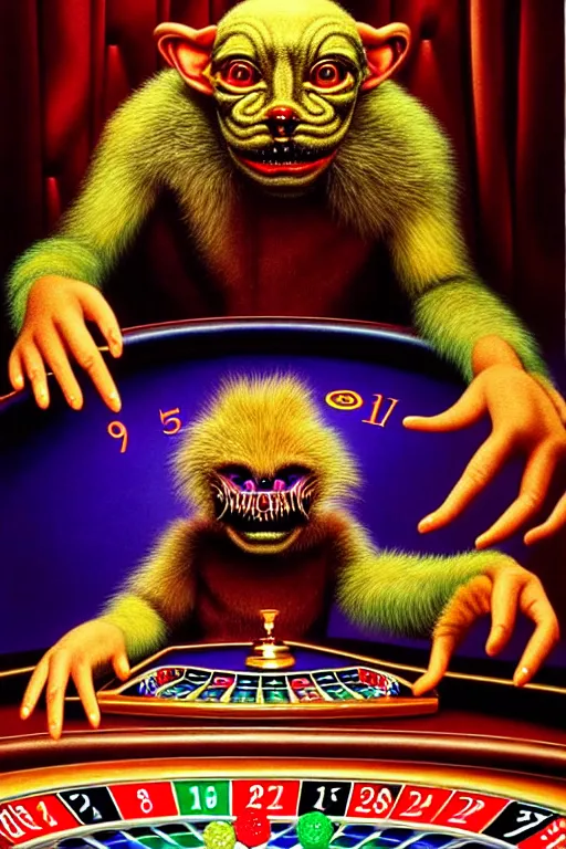 Image similar to a hyperrealistic painting of a chimeric creature playing roulette at the casino, cinematic horror by chris cunningham, lisa frank, richard corben, highly detailed, vivid color,