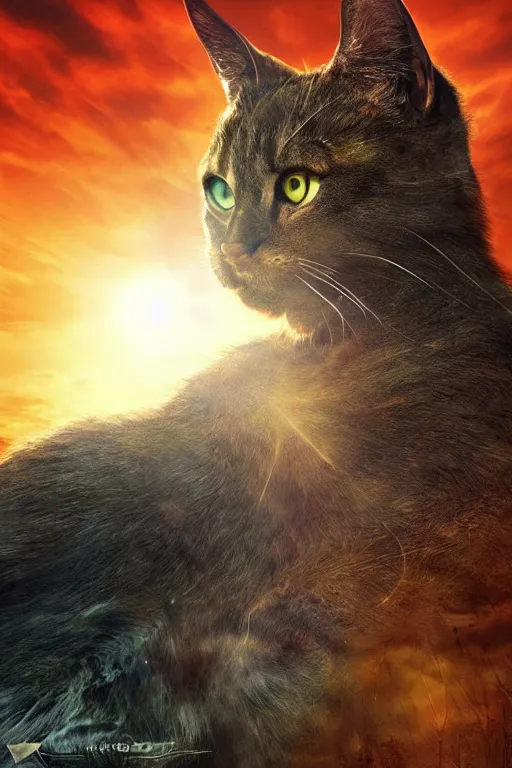 Image similar to a movie poster for warrior cats, depth of field, sun flare, hyper realistic, very detailed, backlighting, cgi, by wayne mclouglin