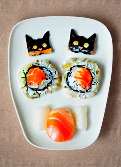 Image similar to clear surrealist painting of adorable cats made from sushi rice, sitting on sushi plates with garnish