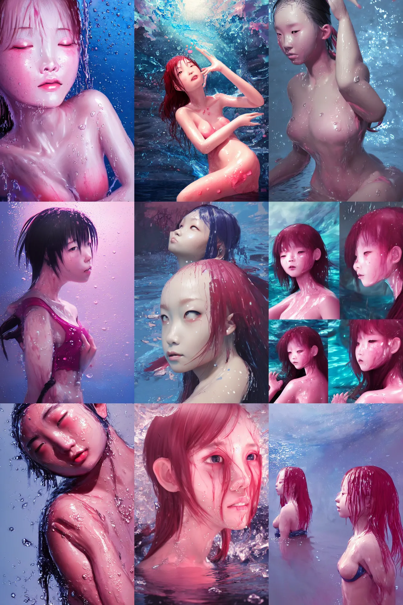 Image similar to 3d dark infrared octane render concept art by D. Jun, by Mo Xiang Tong Xiu, by Igarashi Daisuke, beauty portrait anime schoolgirls under dark pink and blue water. cute face. wet skin. dispersion water. mirror. dramatic light, trending on artstation, oil painting.