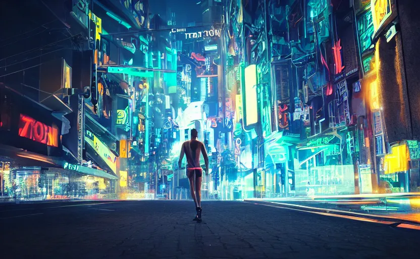 Prompt: you are looking for a giant of 1 km of hight walking on the small city, tron, close up bokeh hiperrealistic neon glow darkness dramatic neon, sharp focus, octane render, imax