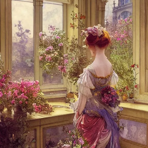 Image similar to a beautifull intricate watercolour painting of a victorian room with many flowers, reflexions, verry high details by william turner art, greg rutkowski and alphonse mucha, trending on artstation, very very detailed, masterpiece,
