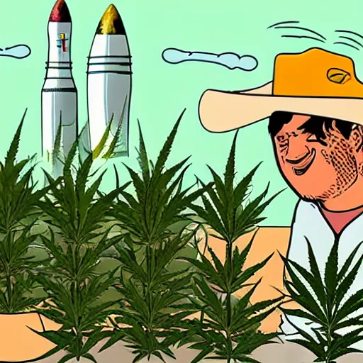 Image similar to an awkward and silly illustration of a cowboy admiring his cannabis plants while a rocket launches in the background