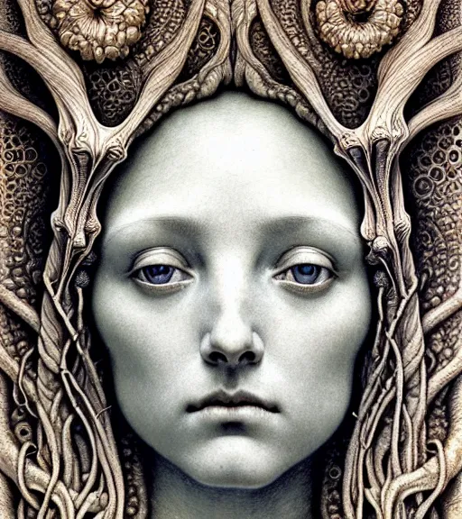 Prompt: detailed realistic beautiful fossil goddess face portrait by jean delville, gustave dore, iris van herpen and marco mazzoni, art forms of nature by ernst haeckel, art nouveau, symbolist, visionary, gothic, neo - gothic, pre - raphaelite, fractal lace, intricate alien botanicals, biodiversity, surreality, hyperdetailed ultrasharp octane render