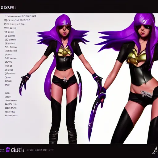 Image similar to character sheet of beautiful KDA akali (wild rift). 3d render, octane render, realistic, highly detailed, trending on artstation, 4k, trending on artstation, pixar, cgsociety, unreal engine 5, redshift render, trending on artstation, blender, behance, cg